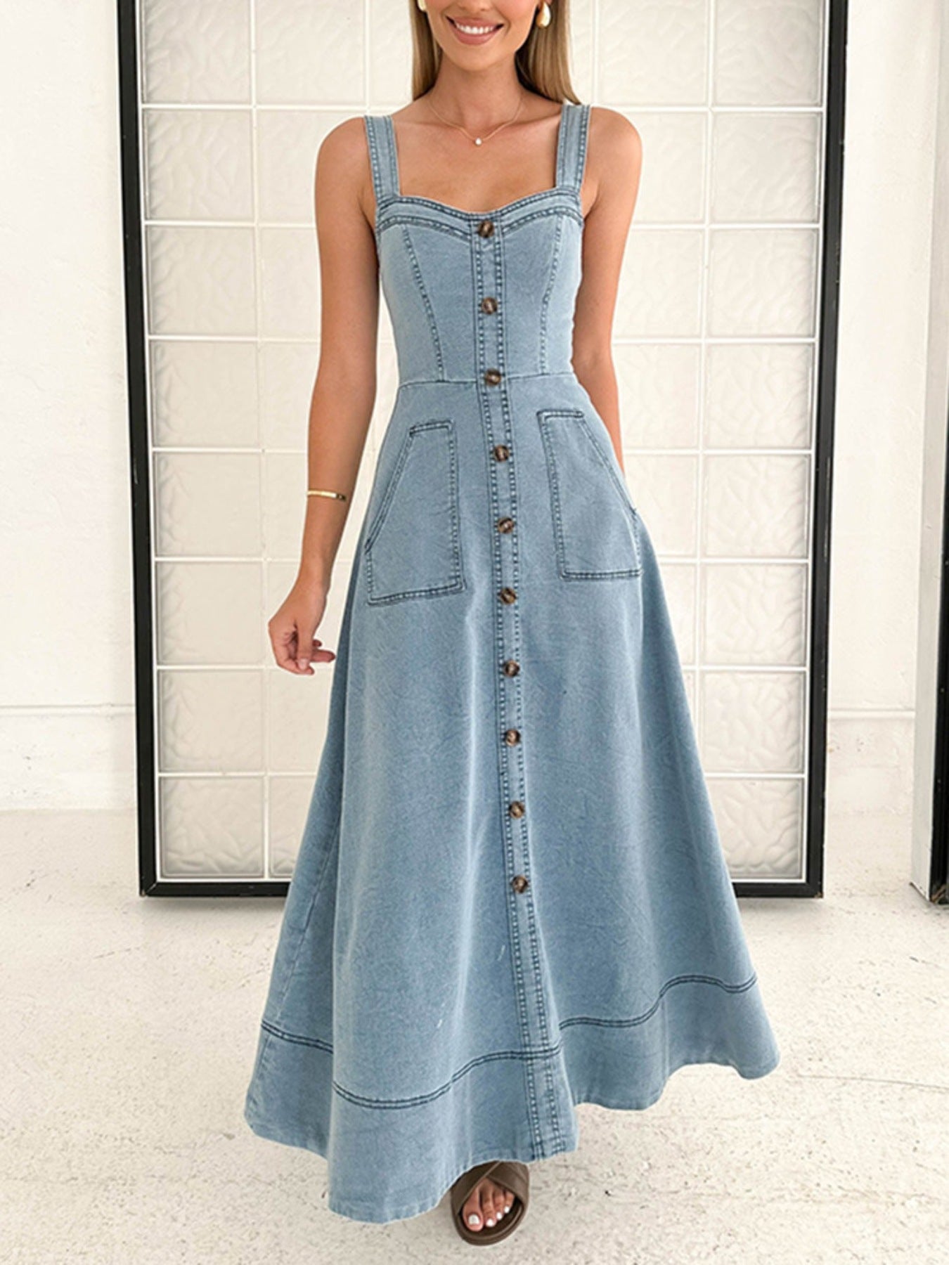 Decor Button Front A-Line Denim Dress