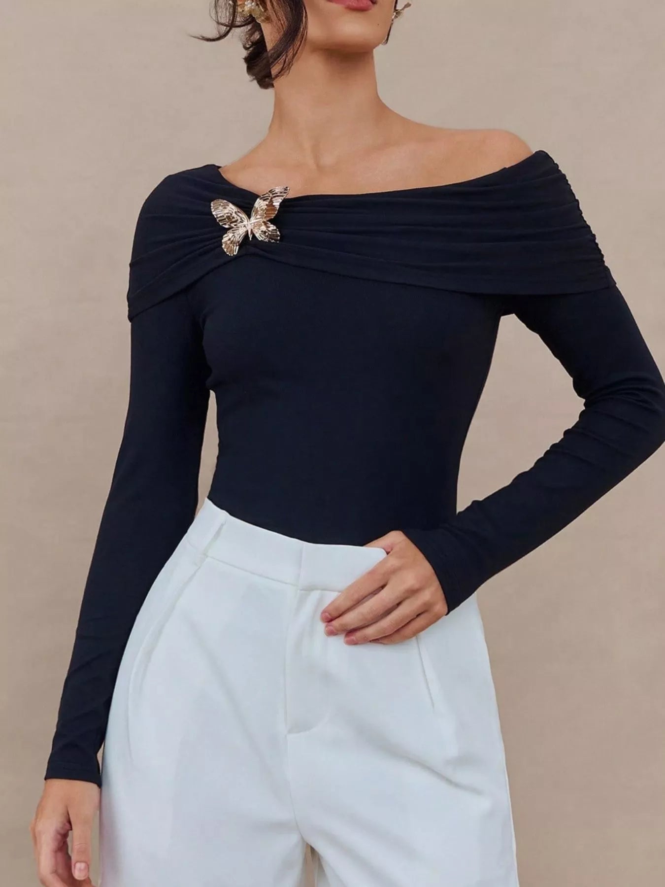 Elegant Off-Shoulder Long Sleeve Top with Butterfly Detail