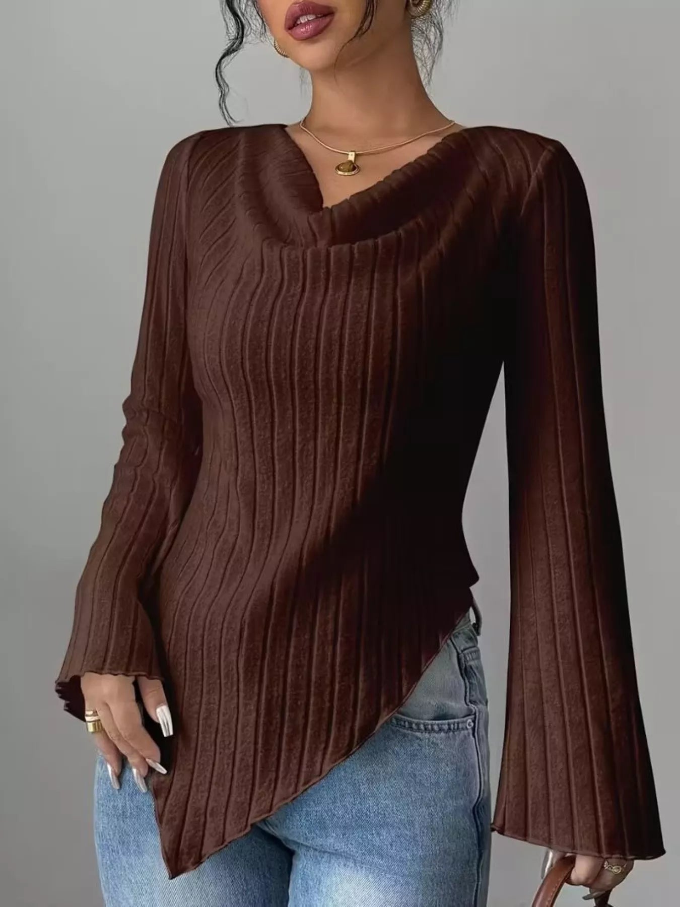 Cowl Neck Ribbed Knit Top