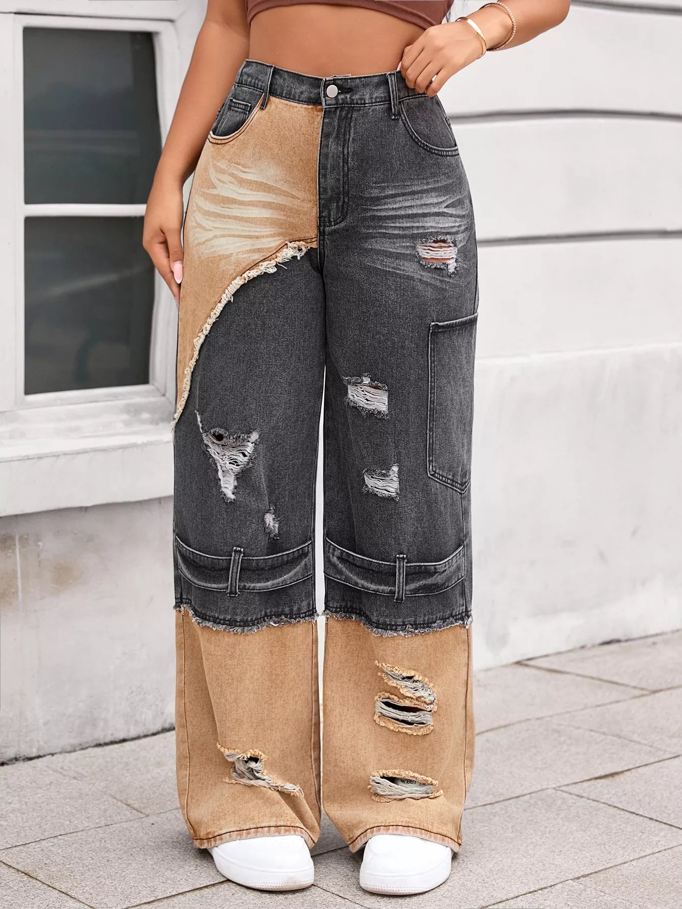 Two-Tone Ripped Wide Leg Jeans