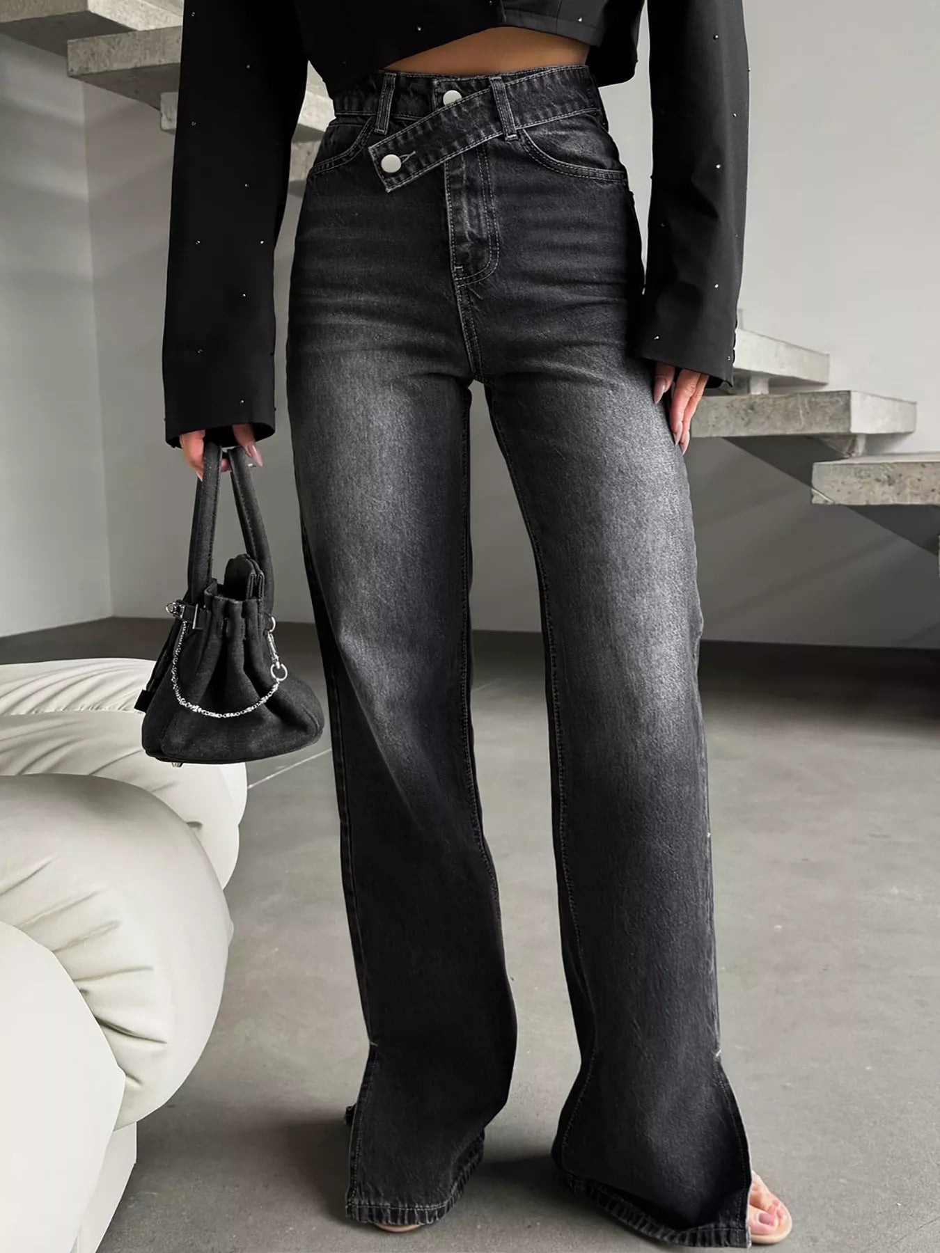 High-Waisted Slit Hem Jeans