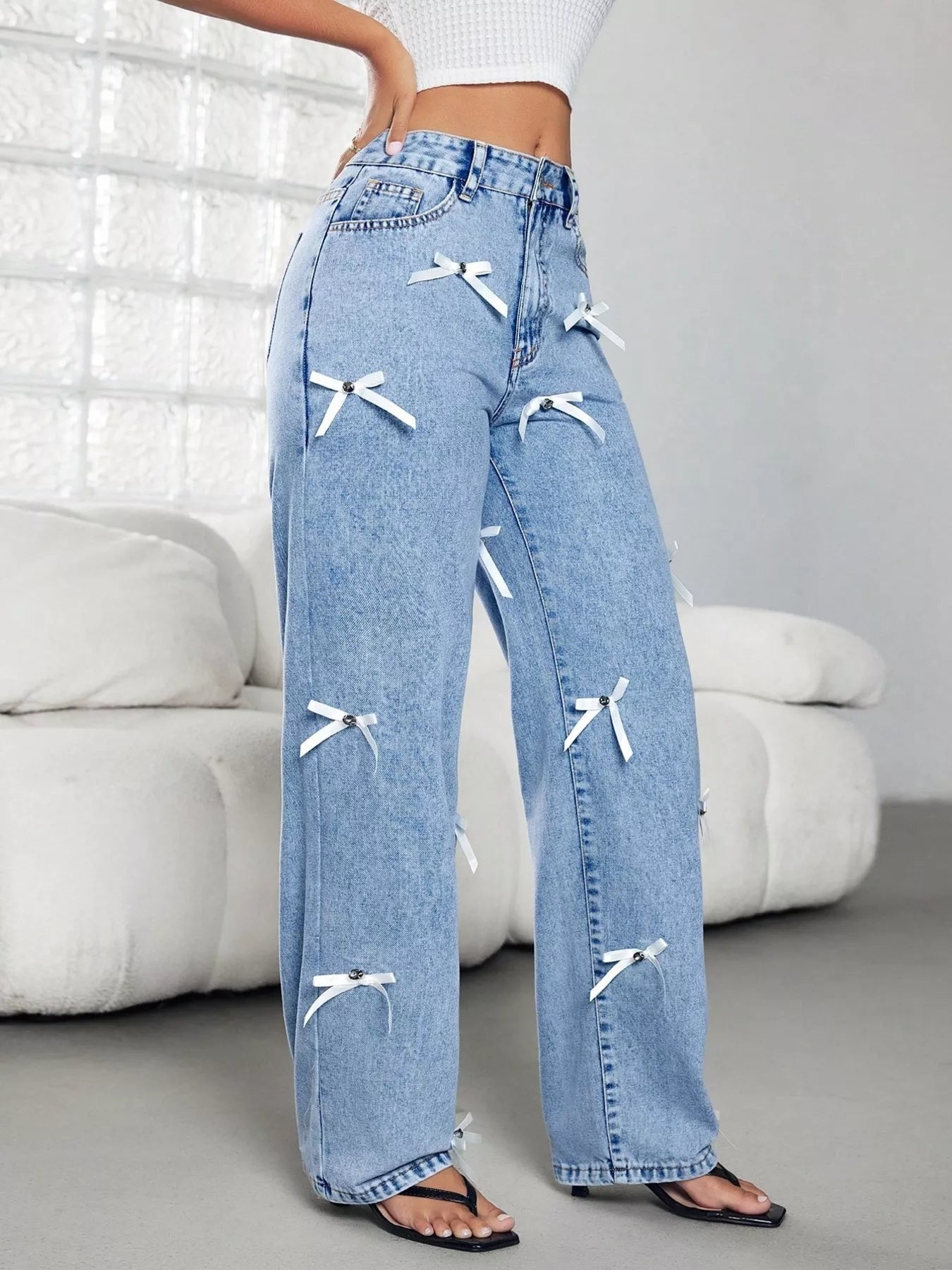 Bow Decor High Waist Wide Leg Jeans