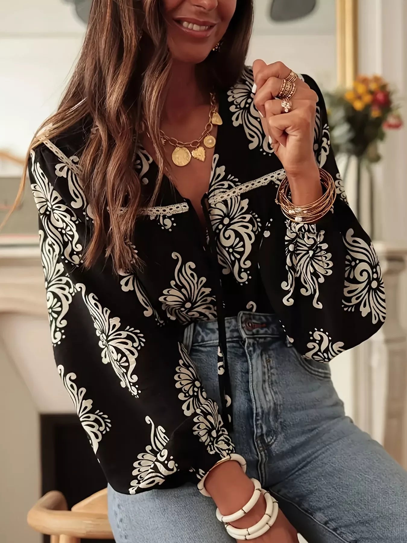 Floral Print Tie-Neck Blouse