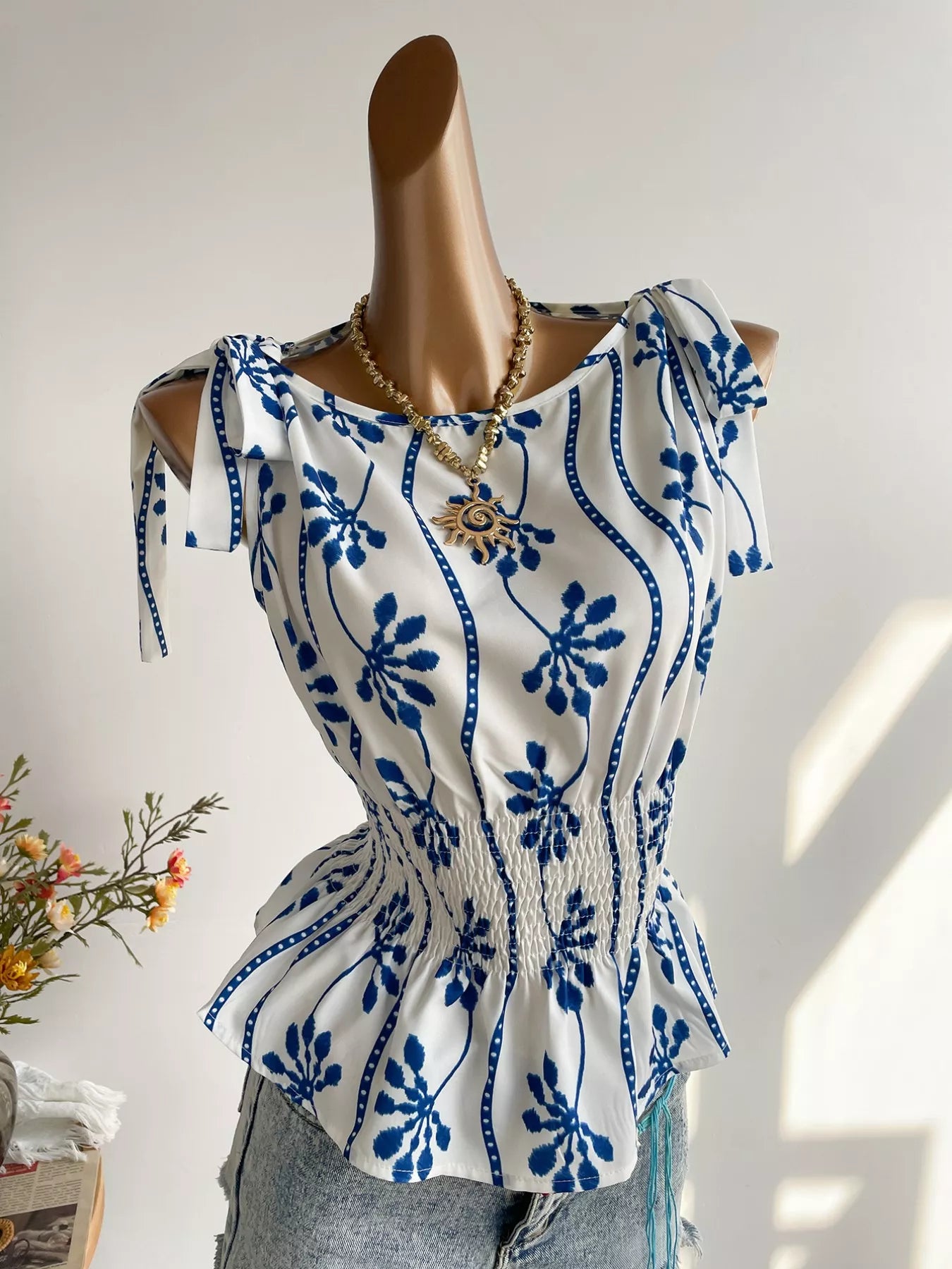 Smocked Tie Shoulder Blouse