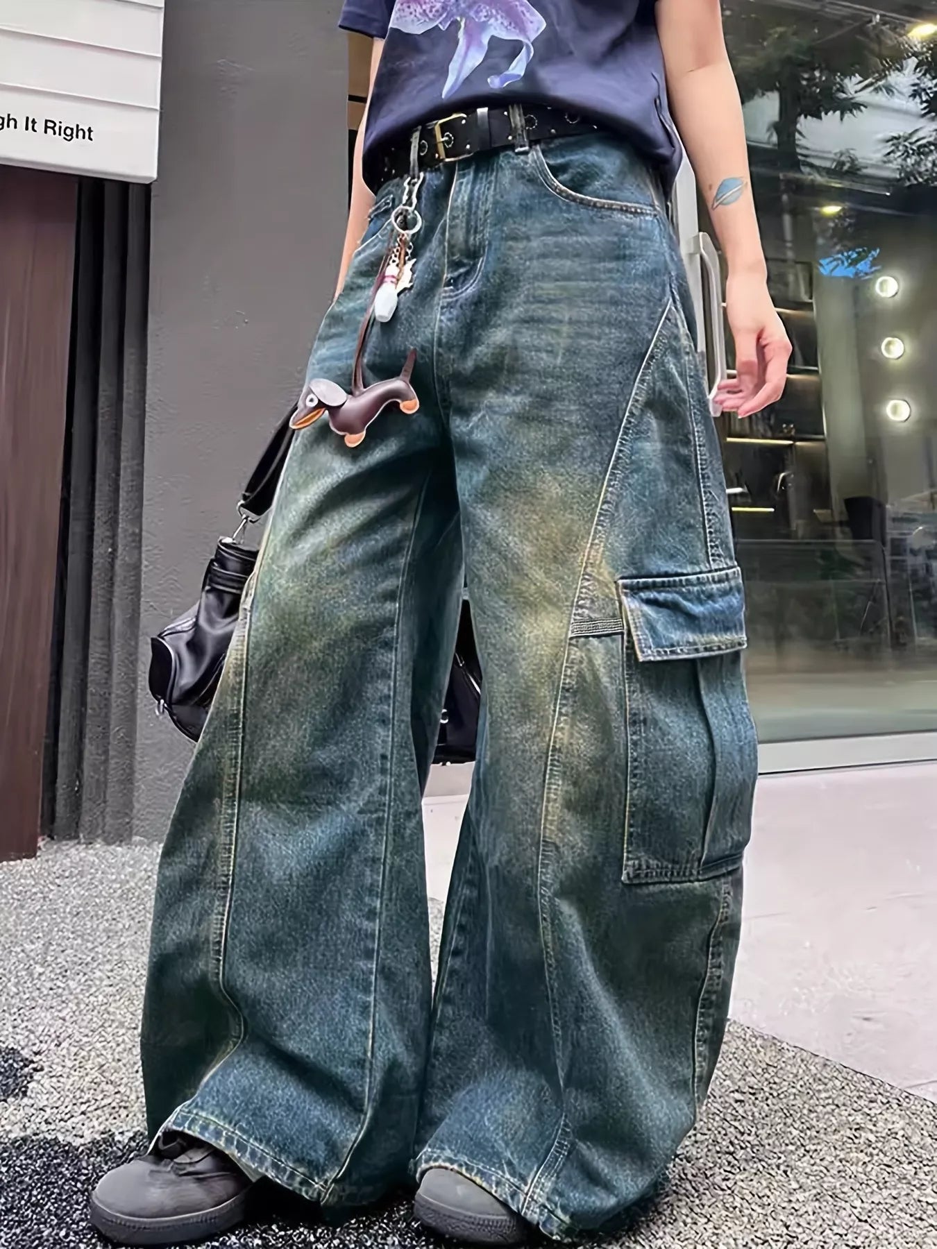 Vintage Wash Wide Leg Cargo Jeans