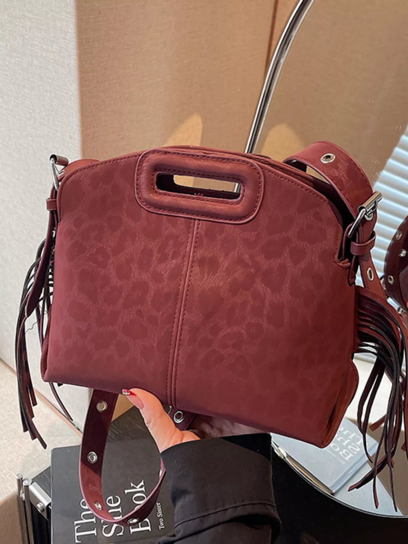 Fringe Leopard Handle Crossbody Bag