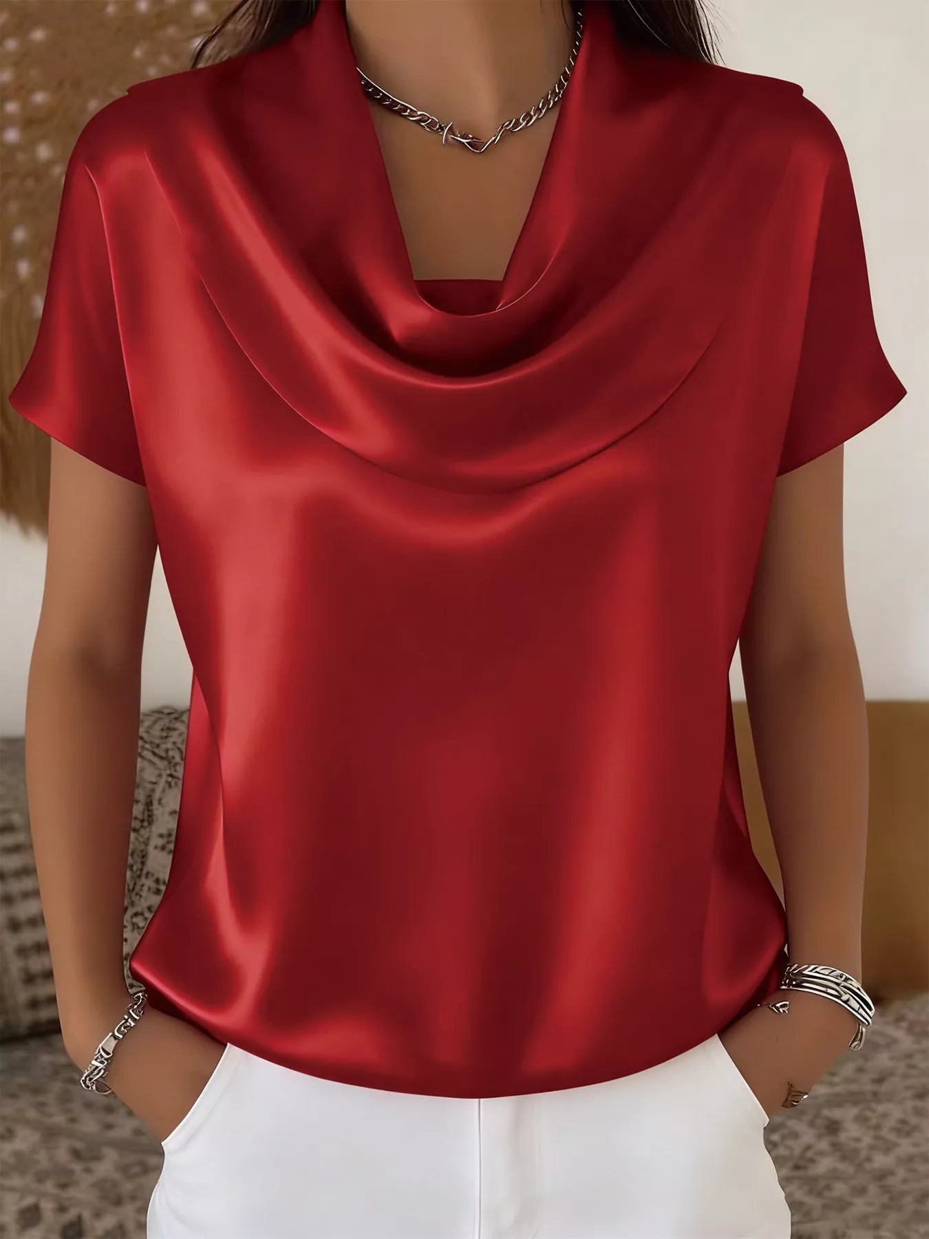 Cowl Neck Short Sleeve Blouse